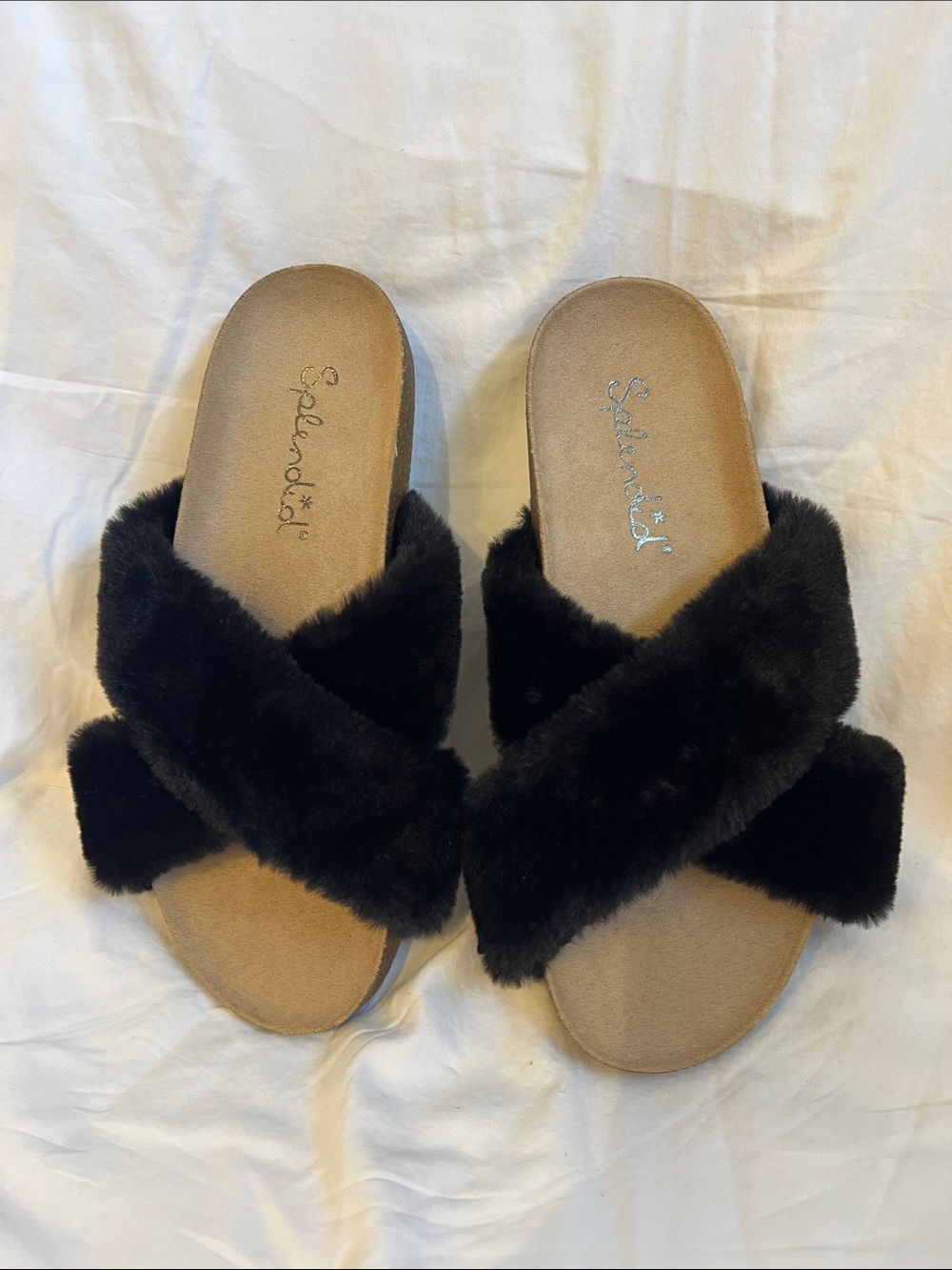 Splendid Black Faux Fur Crossband Slide Sandals